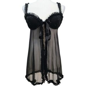 Victoria Secret Sexy Black Babydoll Chemise Sequin Mesh Front Clasp‎ Padded 36C